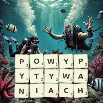 Kreatywna ilustracja do gry w Scrabble ze słowem POWYPYTYWANIACH ułożonym z płytek na planszy.