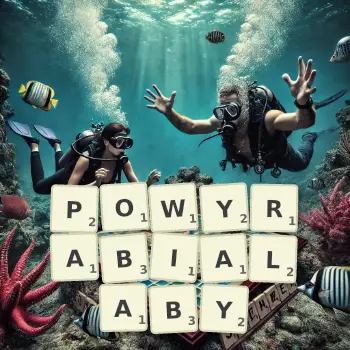 Kreatywna ilustracja do gry w Scrabble ze słowem POWYRABIALABY ułożonym z płytek na planszy.