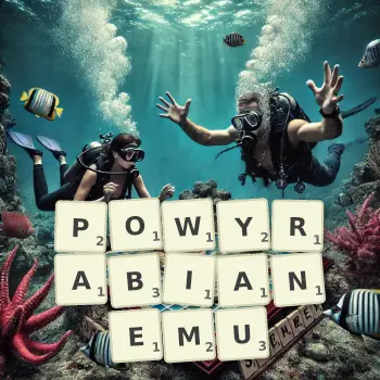 Kreatywna ilustracja do gry w Scrabble ze słowem POWYRABIANEMU ułożonym z płytek na planszy.