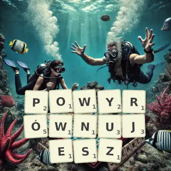 Kreatywna ilustracja do gry w Scrabble ze słowem POWYRÓWNUJESZ ułożonym z płytek na planszy.
