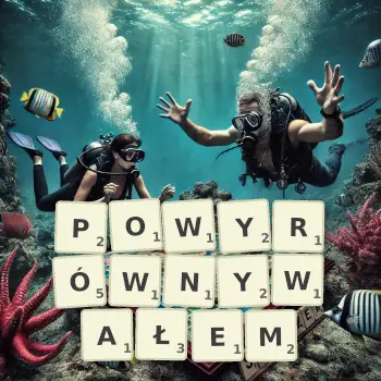Kreatywna ilustracja do gry w Scrabble ze słowem POWYRÓWNYWAŁEM ułożonym z płytek na planszy.