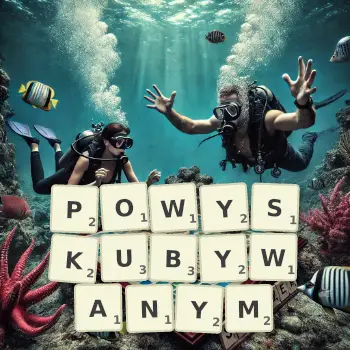 Kreatywna ilustracja do gry w Scrabble ze słowem POWYSKUBYWANYM ułożonym z płytek na planszy.