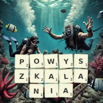 Kreatywna ilustracja do gry w Scrabble ze słowem POWYSZKALANIA ułożonym z płytek na planszy.
