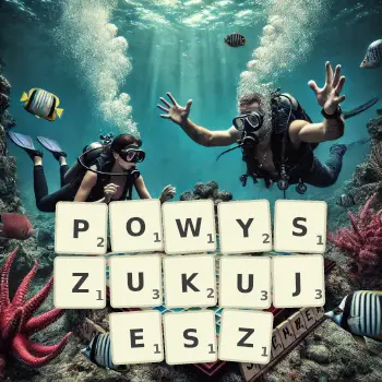Kreatywna ilustracja do gry w Scrabble ze słowem POWYSZUKUJESZ ułożonym z płytek na planszy.