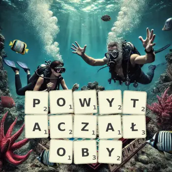 Kreatywna ilustracja do gry w Scrabble ze słowem POWYTACZAŁOBY ułożonym z płytek na planszy.
