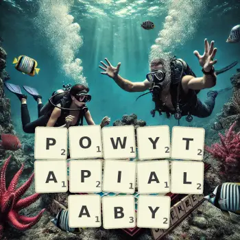 Kreatywna ilustracja do gry w Scrabble ze słowem POWYTAPIALABY ułożonym z płytek na planszy.