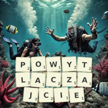 Kreatywna ilustracja do gry w Scrabble ze słowem POWYTLACZAJCIE ułożonym z płytek na planszy.