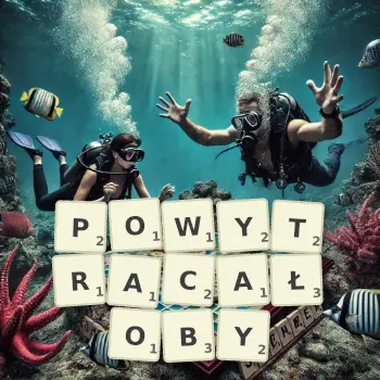 Kreatywna ilustracja do gry w Scrabble ze słowem POWYTRACAŁOBY ułożonym z płytek na planszy.