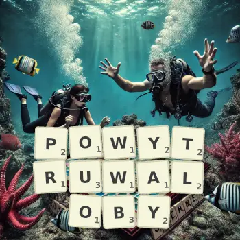 Kreatywna ilustracja do gry w Scrabble ze słowem POWYTRUWALOBY ułożonym z płytek na planszy.