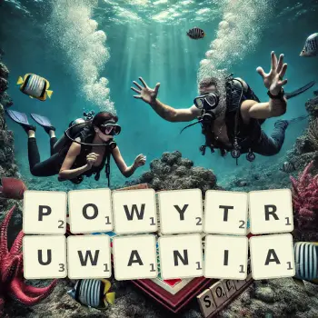 Kreatywna ilustracja do gry w Scrabble ze słowem POWYTRUWANIA ułożonym z płytek na planszy.