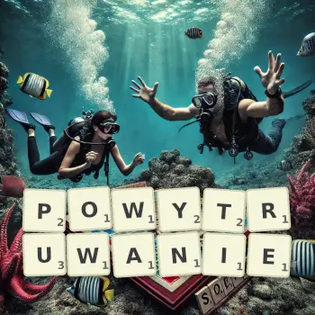 Kreatywna ilustracja do gry w Scrabble ze słowem POWYTRUWANIE ułożonym z płytek na planszy.