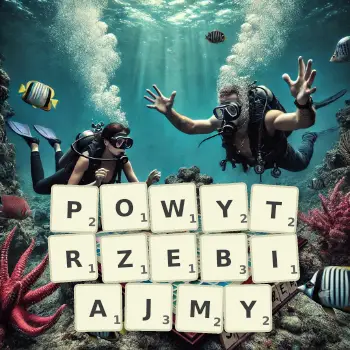 Kreatywna ilustracja do gry w Scrabble ze słowem POWYTRZEBIAJMY ułożonym z płytek na planszy.