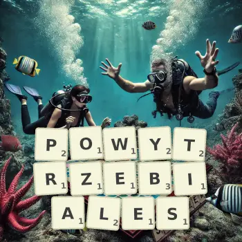 Kreatywna ilustracja do gry w Scrabble ze słowem POWYTRZEBIALES ułożonym z płytek na planszy.