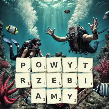 Kreatywna ilustracja do gry w Scrabble ze słowem POWYTRZEBIAMY ułożonym z płytek na planszy.