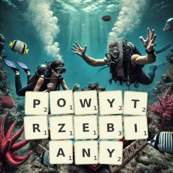 Kreatywna ilustracja do gry w Scrabble ze słowem POWYTRZEBIANY ułożonym z płytek na planszy.