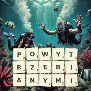Kreatywna ilustracja do gry w Scrabble ze słowem POWYTRZEBIANYMI ułożonym z płytek na planszy.