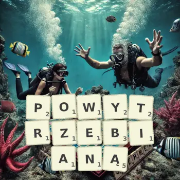 Kreatywna ilustracja do gry w Scrabble ze słowem POWYTRZEBIANĄ ułożonym z płytek na planszy.