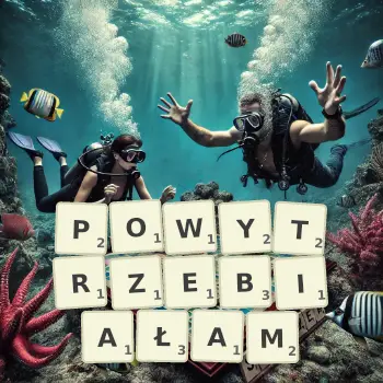 Kreatywna ilustracja do gry w Scrabble ze słowem POWYTRZEBIAŁAM ułożonym z płytek na planszy.