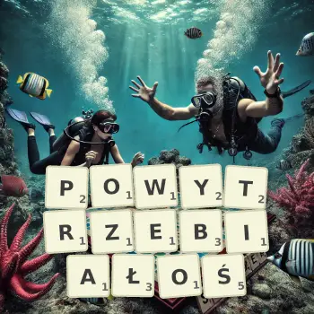 Kreatywna ilustracja do gry w Scrabble ze słowem POWYTRZEBIAŁOŚ ułożonym z płytek na planszy.