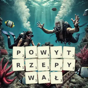 Kreatywna ilustracja do gry w Scrabble ze słowem POWYTRZEPYWAŁ ułożonym z płytek na planszy.