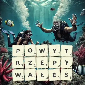 Kreatywna ilustracja do gry w Scrabble ze słowem POWYTRZEPYWAŁEŚ ułożonym z płytek na planszy.