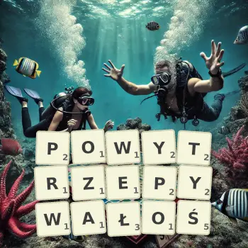 Kreatywna ilustracja do gry w Scrabble ze słowem POWYTRZEPYWAŁOŚ ułożonym z płytek na planszy.