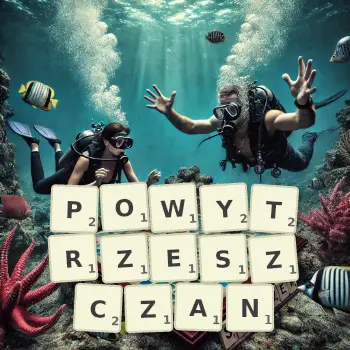 Kreatywna ilustracja do gry w Scrabble ze słowem POWYTRZESZCZAN ułożonym z płytek na planszy.