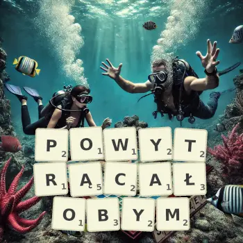 Kreatywna ilustracja do gry w Scrabble ze słowem POWYTRĄCAŁOBYM ułożonym z płytek na planszy.