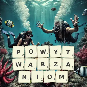 Kreatywna ilustracja do gry w Scrabble ze słowem POWYTWARZANIOM ułożonym z płytek na planszy.
