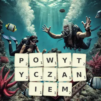 Kreatywna ilustracja do gry w Scrabble ze słowem POWYTYCZANIEM ułożonym z płytek na planszy.