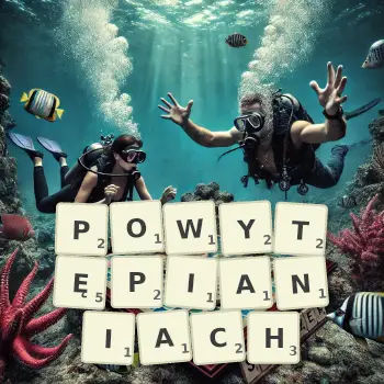 Kreatywna ilustracja do gry w Scrabble ze słowem POWYTĘPIANIACH ułożonym z płytek na planszy.