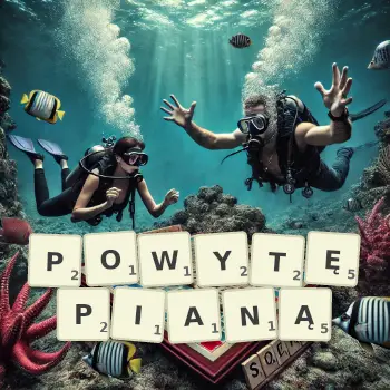 Kreatywna ilustracja do gry w Scrabble ze słowem POWYTĘPIANĄ ułożonym z płytek na planszy.