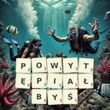 Kreatywna ilustracja do gry w Scrabble ze słowem POWYTĘPIAŁBYŚ ułożonym z płytek na planszy.