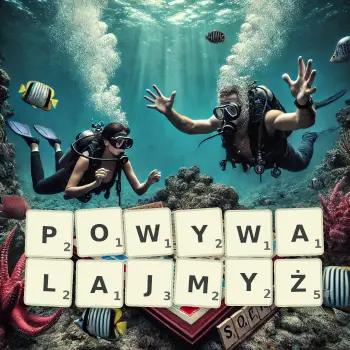 Kreatywna ilustracja do gry w Scrabble ze słowem POWYWALAJMYŻ ułożonym z płytek na planszy.