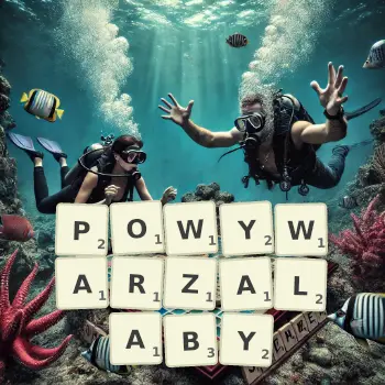 Kreatywna ilustracja do gry w Scrabble ze słowem POWYWARZALABY ułożonym z płytek na planszy.
