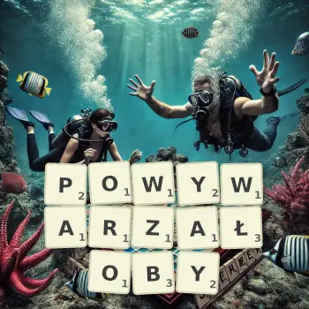 Kreatywna ilustracja do gry w Scrabble ze słowem POWYWARZAŁOBY ułożonym z płytek na planszy.