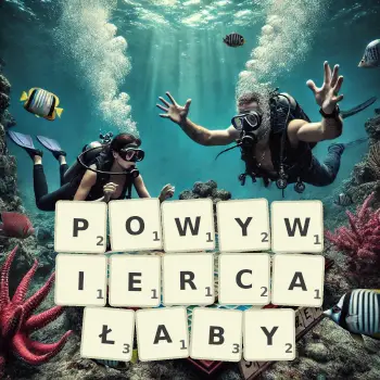 Kreatywna ilustracja do gry w Scrabble ze słowem POWYWIERCAŁABY ułożonym z płytek na planszy.