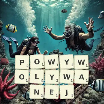 Kreatywna ilustracja do gry w Scrabble ze słowem POWYWOLYWANEJ ułożonym z płytek na planszy.