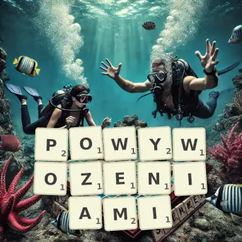 Kreatywna ilustracja do gry w Scrabble ze słowem POWYWOZENIAMI ułożonym z płytek na planszy.