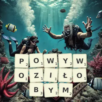 Kreatywna ilustracja do gry w Scrabble ze słowem POWYWOZIŁOBYM ułożonym z płytek na planszy.