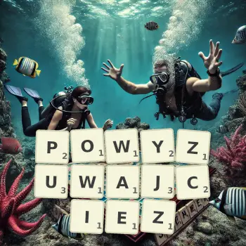 Kreatywna ilustracja do gry w Scrabble ze słowem POWYZUWAJCIEZ ułożonym z płytek na planszy.
