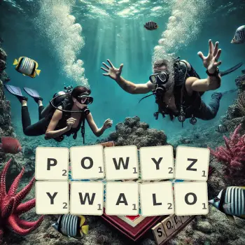 Kreatywna ilustracja do gry w Scrabble ze słowem POWYZYWALO ułożonym z płytek na planszy.