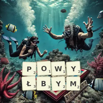 Kreatywna ilustracja do gry w Scrabble ze słowem POWYŁBYM ułożonym z płytek na planszy.