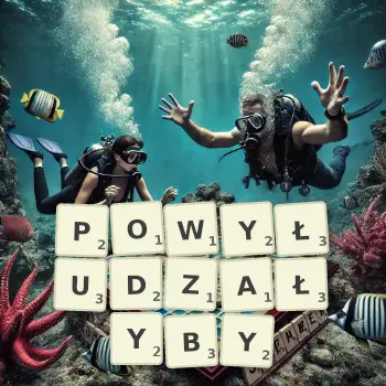 Kreatywna ilustracja do gry w Scrabble ze słowem POWYŁUDZAŁYBY ułożonym z płytek na planszy.