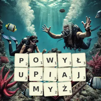 Kreatywna ilustracja do gry w Scrabble ze słowem POWYŁUPIAJMYŻ ułożonym z płytek na planszy.