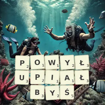 Kreatywna ilustracja do gry w Scrabble ze słowem POWYŁUPIAŁBYŚ ułożonym z płytek na planszy.