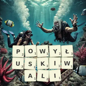 Kreatywna ilustracja do gry w Scrabble ze słowem POWYŁUSKIWALI ułożonym z płytek na planszy.