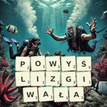 Kreatywna ilustracja do gry w Scrabble ze słowem POWYŚLIZGIWAŁA ułożonym z płytek na planszy.