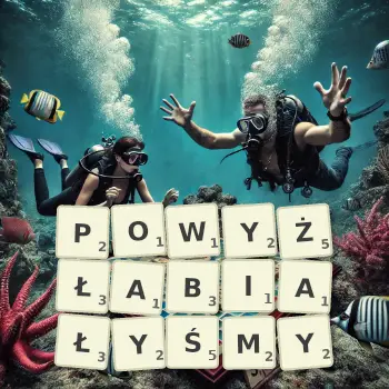 Kreatywna ilustracja do gry w Scrabble ze słowem POWYŻŁABIAŁYŚMY ułożonym z płytek na planszy.