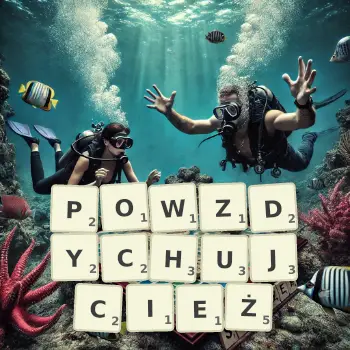 Kreatywna ilustracja do gry w Scrabble ze słowem POWZDYCHUJCIEŻ ułożonym z płytek na planszy.